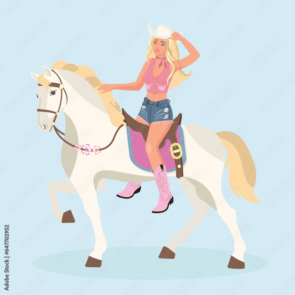 Cowboy girl blonde with white horse in pink boots. Cowboy girl blonde with white horse in pink boots.