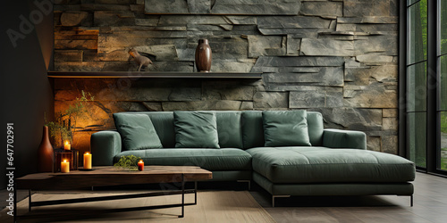 Loft Style Living Room with Velvet Corner Sofa and Stone Wall Decor