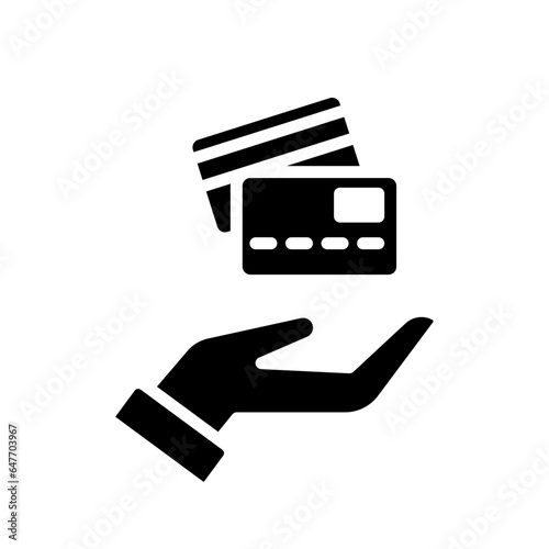 Hand hold credit card glyph icon, cash pay machine. swipe, id, financial digital cashless business online sale discount payment logo pictogram vector illustration design on white background.