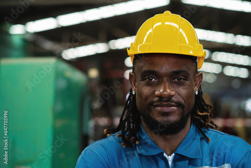 Close-up. African American worker in factory, maintenance work in modern industrial concept. workers working in factory Professional engineer.