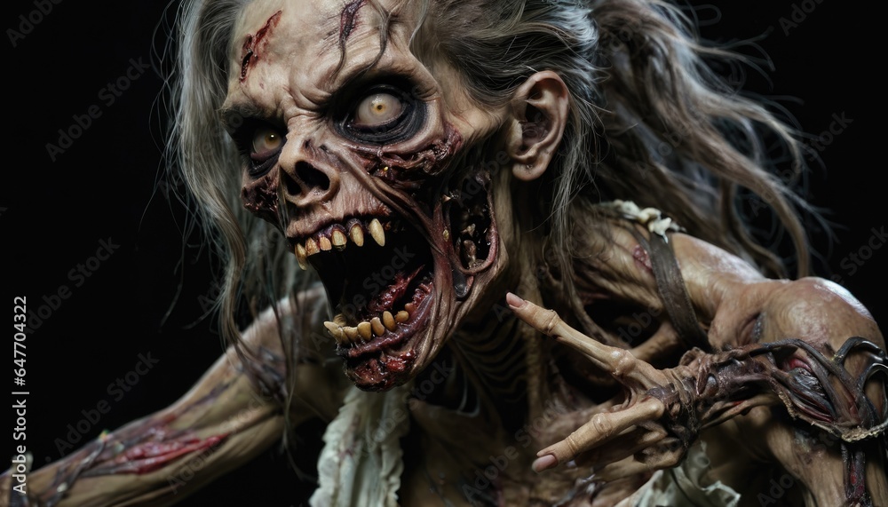 Scary female zombie in torn clothes with flesh wounds isolated on a black background photo realistic style Halloween woman illustration Scary female zombie in torn clothes with flesh wounds isolated on a black background photo realistic style Halloween woman illustration