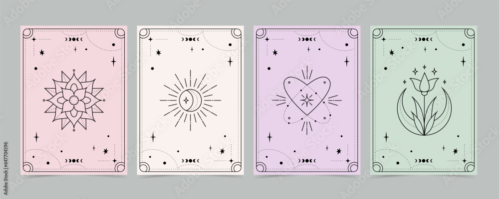 Tarot cards set - esoteric mystical deck design with spiritual symbols. Vector illustration template, boho style