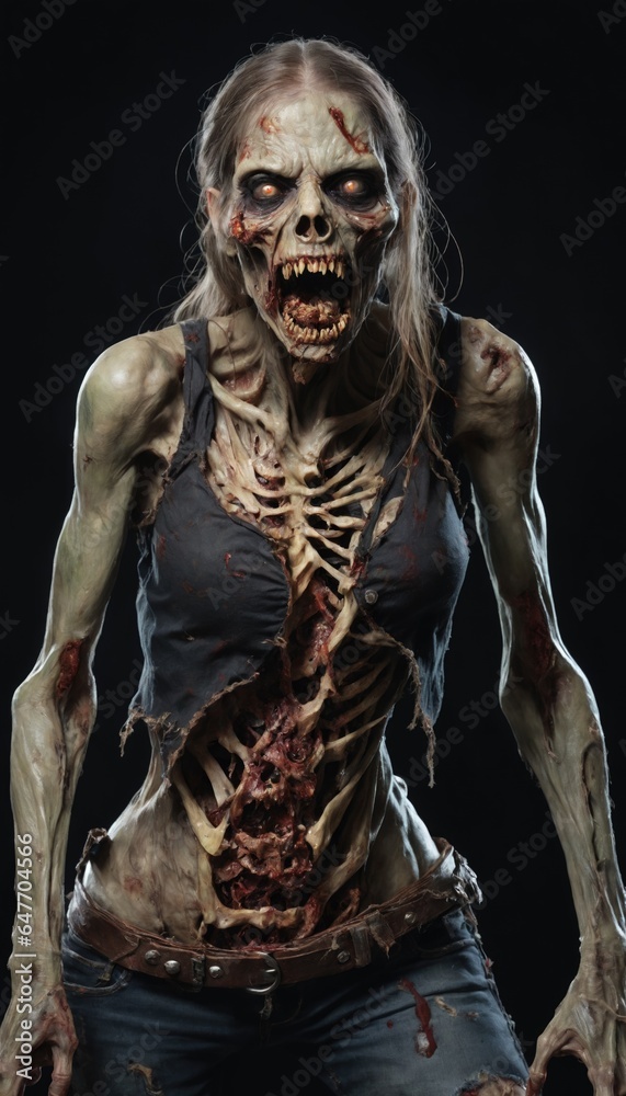 Scary female zombie in torn clothes with flesh wounds isolated on a black background photo realistic style Halloween woman illustration Scary female zombie in torn clothes with flesh wounds isolated on a black background photo realistic style Halloween woman illustration