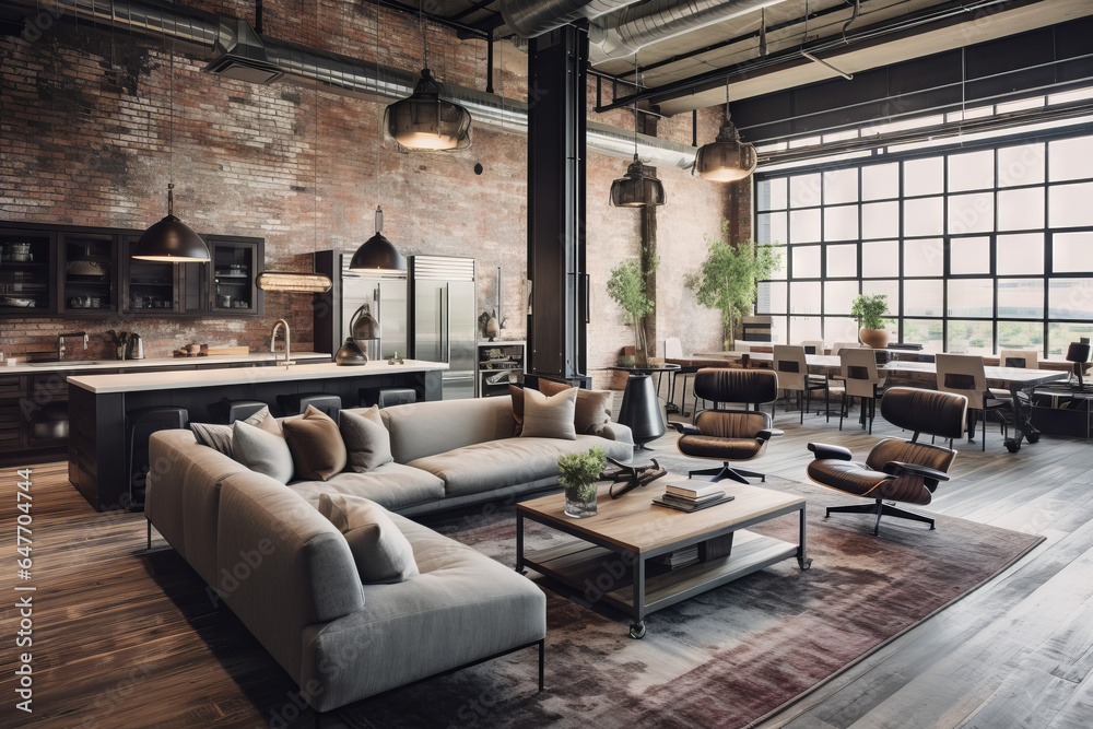 Naklejka premium Side view on a wooden table and spacious industrial loft kitchen with vintage decor and black cabinets