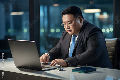Plus size asian manager working with a laptop computer at desk in office, CEO Businessman, Big boss, Plus size people, Fat employer, Generative AI