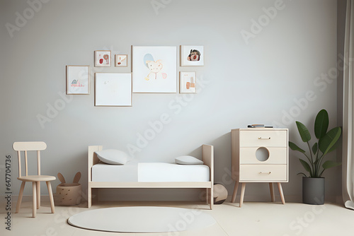 Seven mockups frame in children bedroom with natural wooden furniture, 3D render