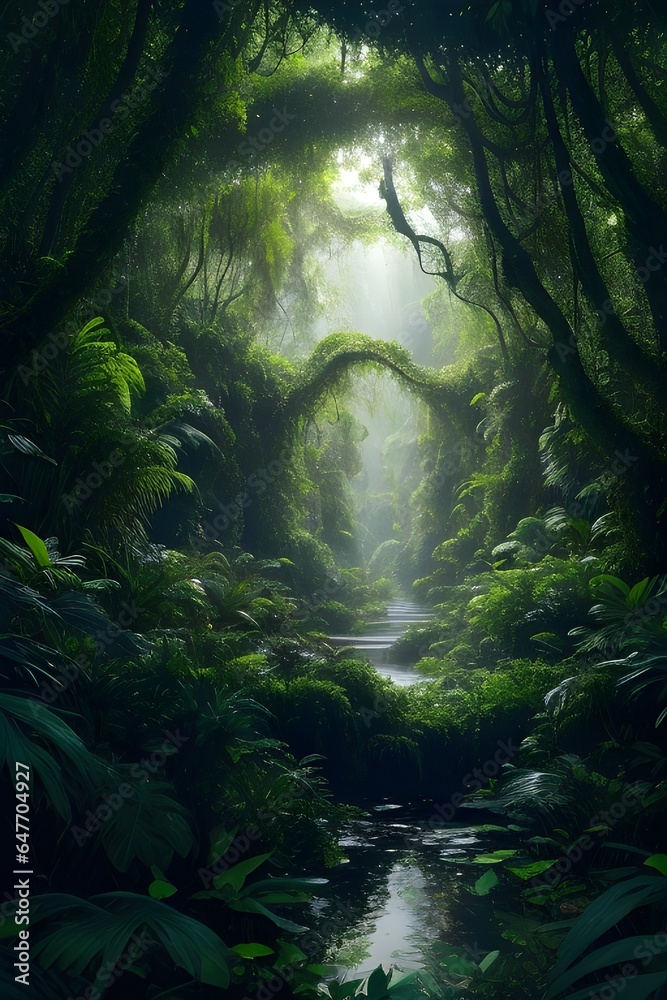 The scene unfolds deep within the heart of a lush, verdant jungle. Towering trees draped with vines create a canopy that filters the sunlight, casting dappled shadows on the forest floor.