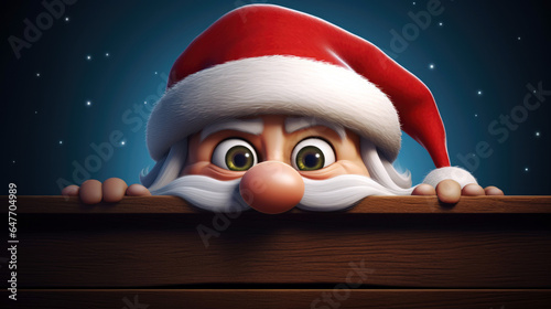 Cartoon Santa Claus peeking over a wooden sign on a night sky with stars background. Big green eyes and red christmas hat. photo