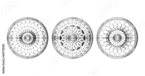 Glass church windows. Three Catholic black and white circles.