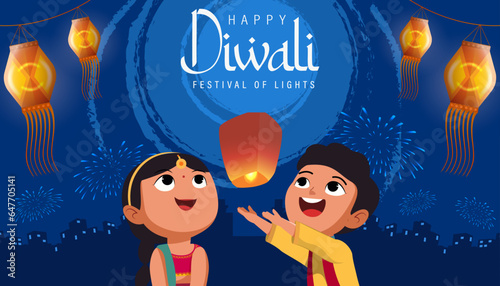 Happy Diwali Poster with Indian Kids Flying Lanterns Vector Illustration. Indian festival of lights Design. Suitable for Greeting Card, Banner, Flyer, Template.