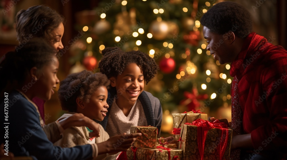 Family Traditions: Capturing the heartwarming moment of a family gathered around the Christmas tree, exchanging gifts and sharing laughter filled with joy.