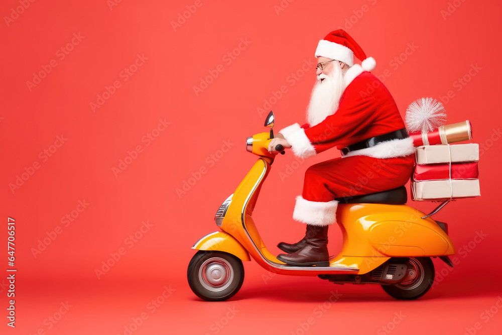 Santa Claus riding scooter with gift box isolated background Santa Claus riding scooter with gift box isolated background