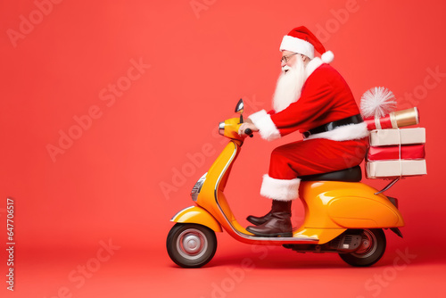 Santa Claus riding scooter with gift box isolated background © Atchariya63