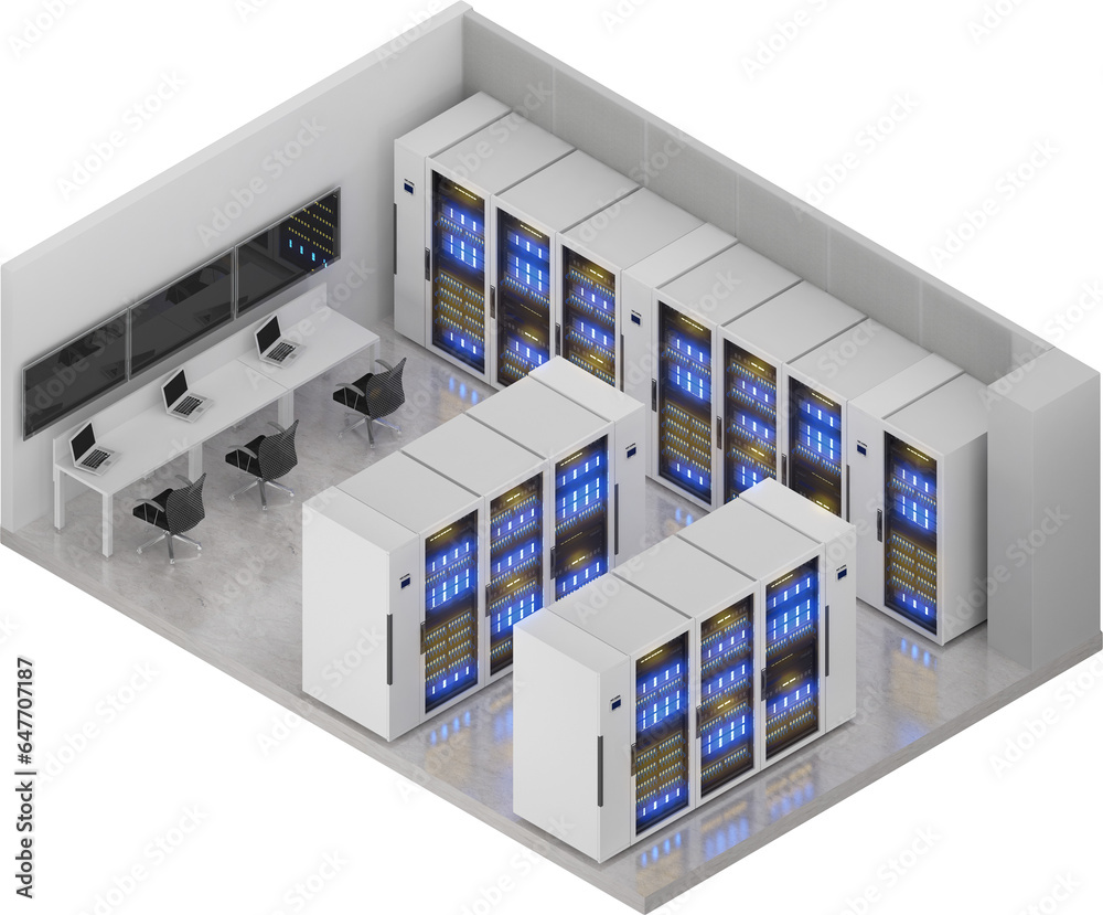 Isometric view of a small size server room,Data Center With Multiple Rows of Fully Operational Server Racks., 3d rendering. Isometric view of a small size server room,Data Center With Multiple Rows of Fully Operational Server Racks., 3d rendering.