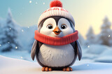 cute little cartoon penguin wearing a red hat and scarf in the snowy forest