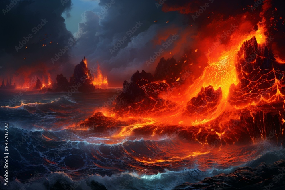 An intense collision of fire and lava merging with refreshing water evoking a dynamic scene for a desktop background. Generative AI