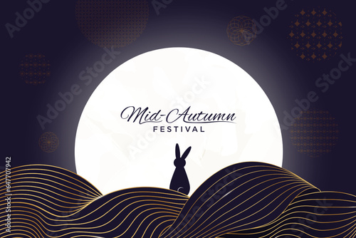 Simple Mid-Autumn Festival Banner Greeting card with rabbit silhouette looking up at big full moon. Oriental patterned elements and golden curving lines. Vector Illustration.  photo