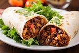 Overstuffed burrito on a wooden table, captured with a close-up macro lens to showcase its flavorful ingredients. generative AI