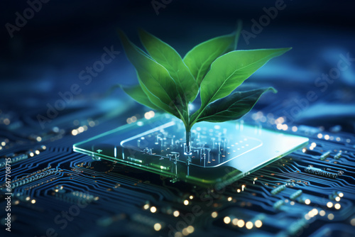 a vibrant plant thrives on an electronic chip embedded within an electronic board