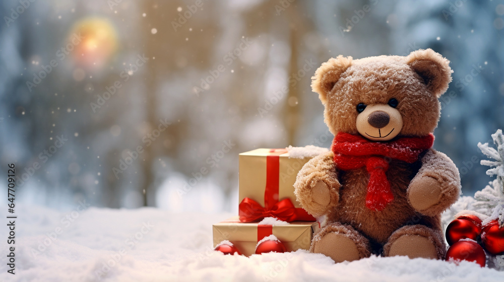 cute teddy bear with christmas gifts and christmas tree toys in the winter forest on the snow. Generative Ai cute teddy bear with christmas gifts and christmas tree toys in the winter forest on the snow. Generative Ai