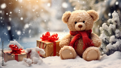 teddy bear with christmas gifts in the winter forest. Generative Ai