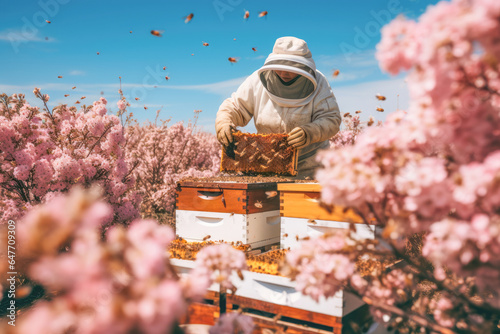 Beekeeper's Harvest: Amidst cherry orchards, a farmer manages beehives, balancing the danger of stings with the sweet reward of honeycomb.
