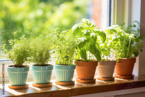 Lush green herbs thrive in pots by the window, providing fresh and healthy leaves to enhance your culinary creations.