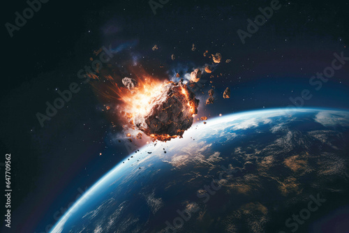 danger of an asteroid hurtling toward Earth, creating a fiery explosion and showering debris as a meteorite, evoking apocalyptic imagery.
