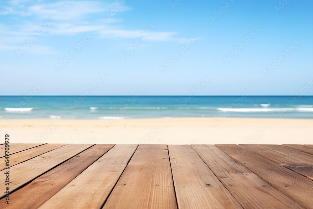 Wooden plank floor table and empty front and Beach and sand beautiful clear sky background Wooden plank floor table and empty front and Beach and sand beautiful clear sky background