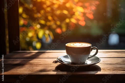 Hot latte coffee in white cup on wooden table, sunlight in the early morning background,