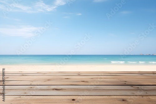 Wooden plank floor table and empty front and Beach and sand beautiful clear sky background © damrong