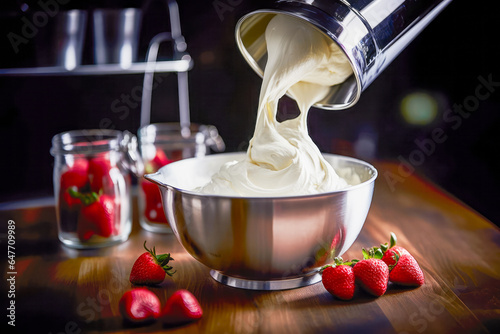 In a pristine kitchen, crafting and whipping cream for a strawberry cake