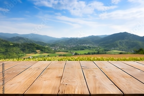 Wooden plank floor table and empty front, and beautiful mountains with sunlight in the early morning Refreshing atmosphere