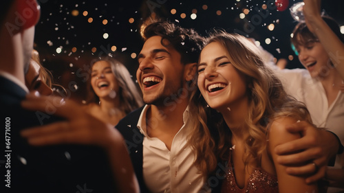 Group Of Friends Celebrating At New Year Party Together smile, happiness. Generative AI