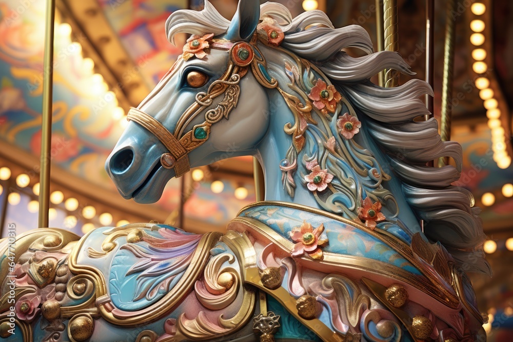 Merry go round carousel horse on a carousel at the amusement park on the evening