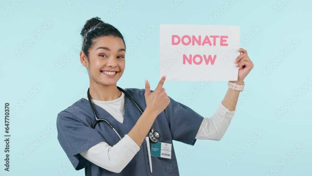 Donate, advertising and woman face of nurse with poster for blood, organ of healthcare donation in studio. Help, charity work and portrait with clinic and hospital pointing with blue background Donate, advertising and woman face of nurse with poster for blood, organ of healthcare donation in studio. Help, charity work and portrait with clinic and hospital pointing with blue background