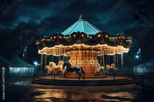 Carousel horse on a carousel at the amusement park in the night