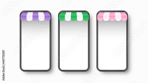 Set mobile phone with purple, green and pink roofs realistic 3d design. Vector illustration. Eps10 