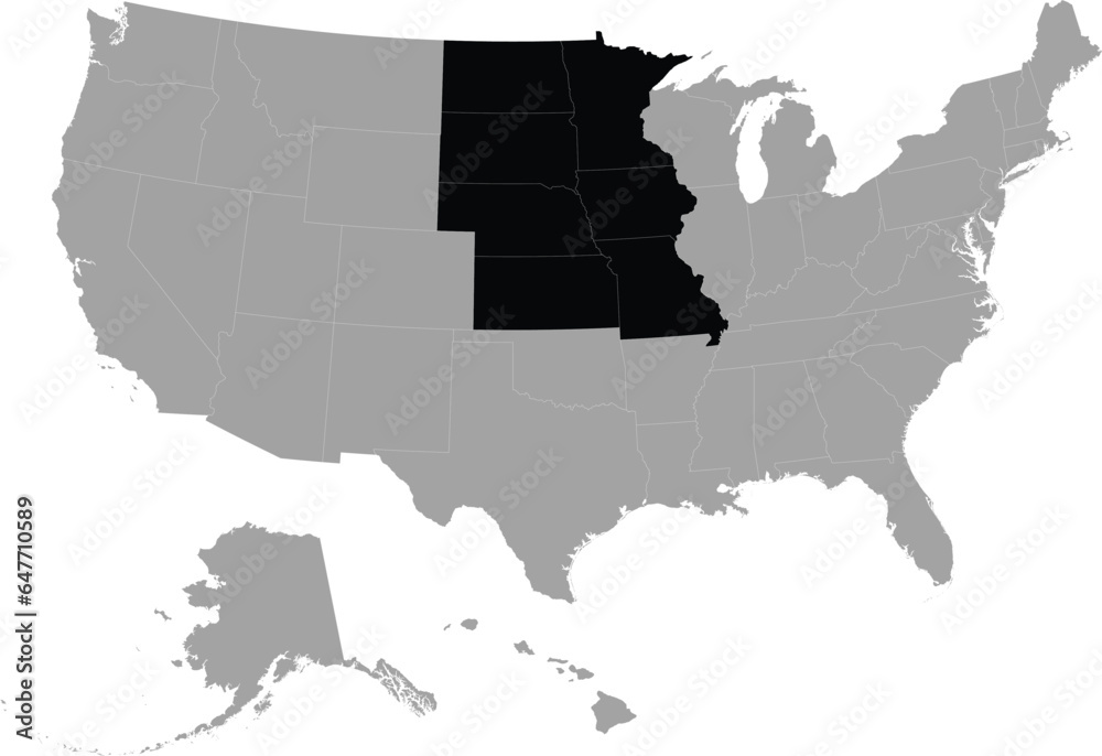 Black Map of US federal states of West north central region within the gray map of United states of America