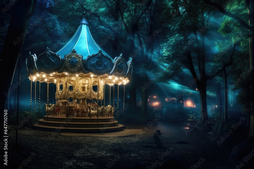 Fototapeta premium Carousel horse on a carousel at the amusement park in the night