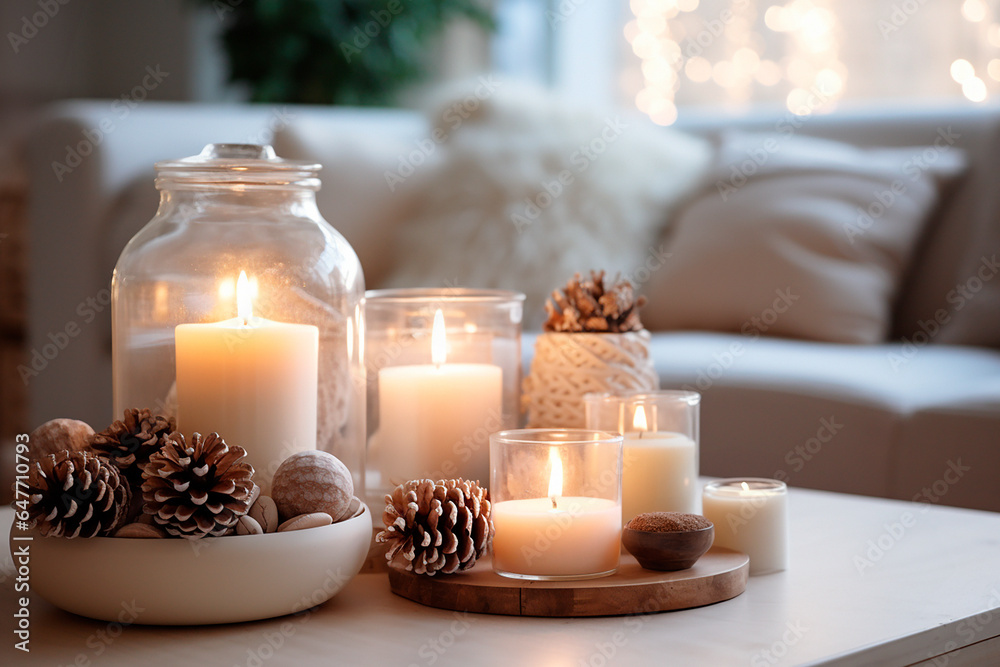 Candles and christmas decorations - obrazy, fototapety, plakaty 