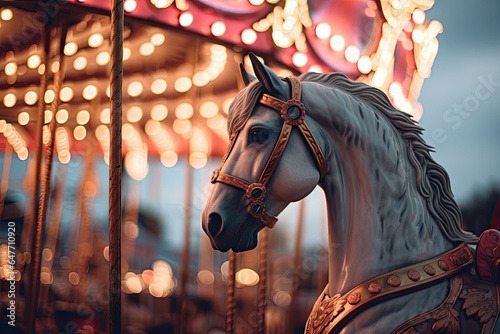 Pastel carousel horse on a carousel at the amusement park in the evening