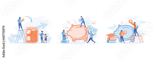 saving money concept.  Saving money - home, budget, financial management. Business, wealth and financial investment, saving money for education.  set flat vector modern illustration 