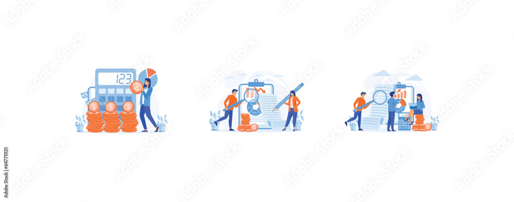 Accounting and Bookkeeping. profit calculation, Financial Consulting, Organizing Accounting, set flat vector modern illustration