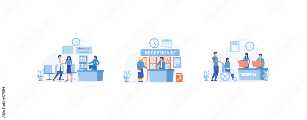 Modern clinic reception, Hospital visit, happy physician and patient, Senior lady visiting medical clinic, Waiting room with disabled patient, set flat vector modern illustration 