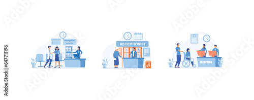 Modern clinic reception, Hospital visit, happy physician and patient, Senior lady visiting medical clinic, Waiting room with disabled patient, set flat vector modern illustration 
