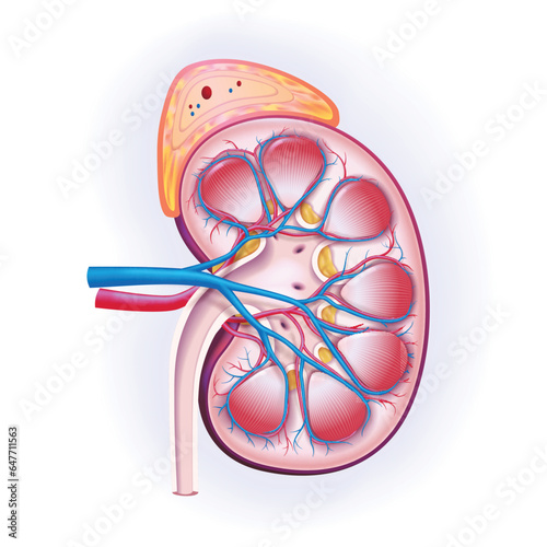 3D illustration, cross-section of human kidney and adrenal glands used in medicine, science, education, industry and commerce.