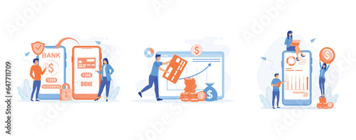 financial transaction, successful contact less payment transaction. Man manages personal finances in personal account,  NFC payment system, set flat vector modern illustration