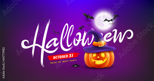 Halloween message white color, yellow pumpkins purple hat and spider, bat flying banner design on fullmoon purple background, Eps 10 vector illustration
