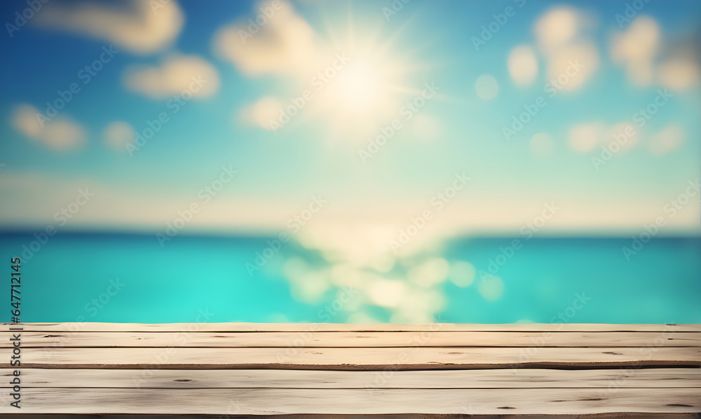 Empty wooden table, blurred summer sea background with copy space for your product